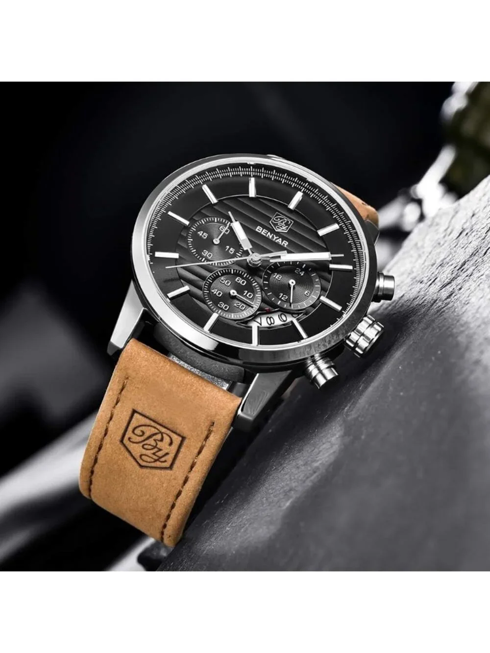 Men's Brown Black Analog Quartz Chronograph Waterproof Fashion Wrist Watch